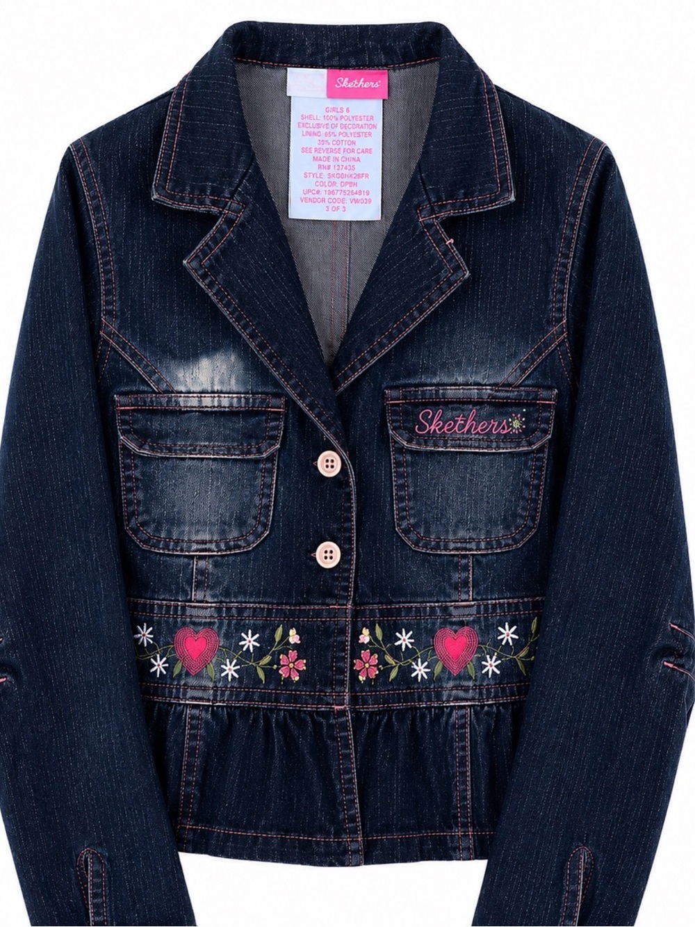 Skechers Girls Embroidered Denim Peplum Jacket Floral Heart Western Sz 6